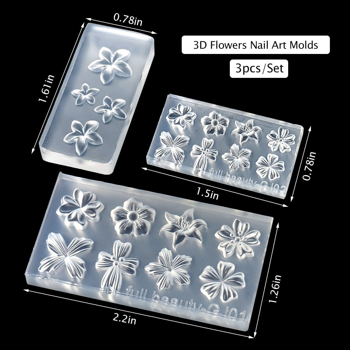 Silicone Nail Art Molds, 3PCS 3D Flowers Nail Charm Molds G-375-01+02+G-414-04