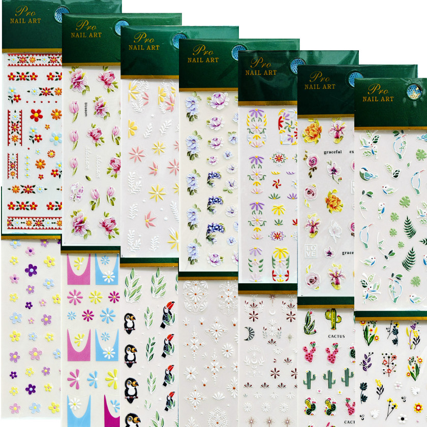 5D Embossed Nail Art Stickers Transfers Strawberry French Line Daisy Flower NS52