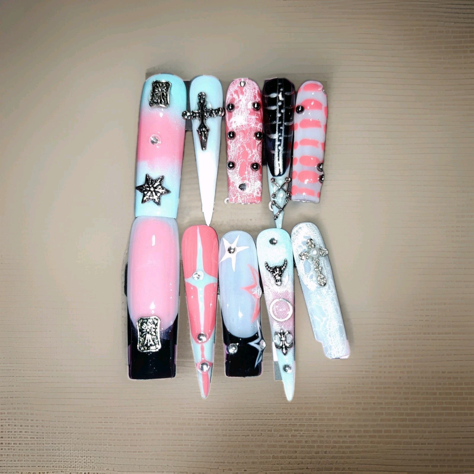 Custom Pink Blue Black Extra Long Coffin Stiletto 3D Cross Star Press-On Nails