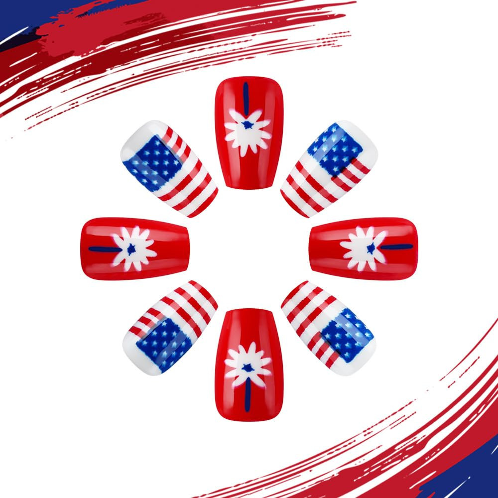 4Th of July Press on Nails Medium Square Fake Nails Flower Fireworks False Nails