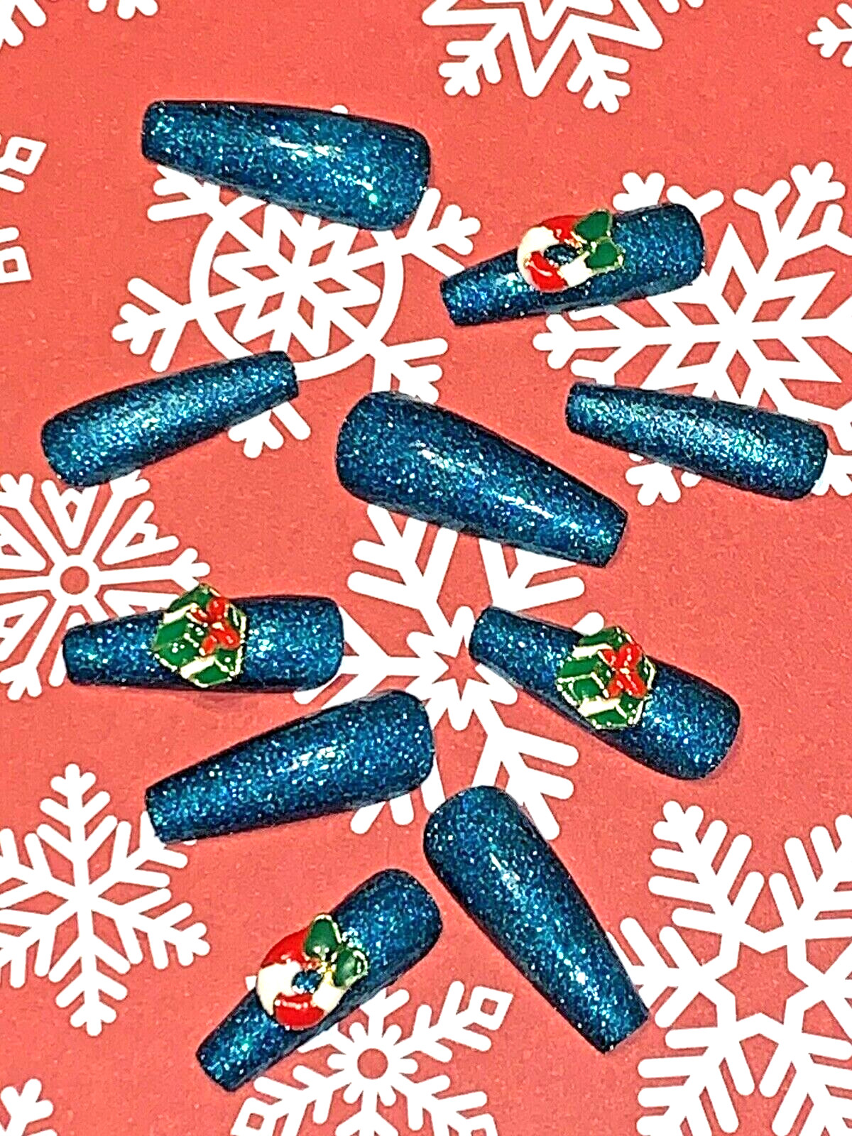 Custom Designed Long Coffin Press On Nail Set Christmas China Glaze Green Polish