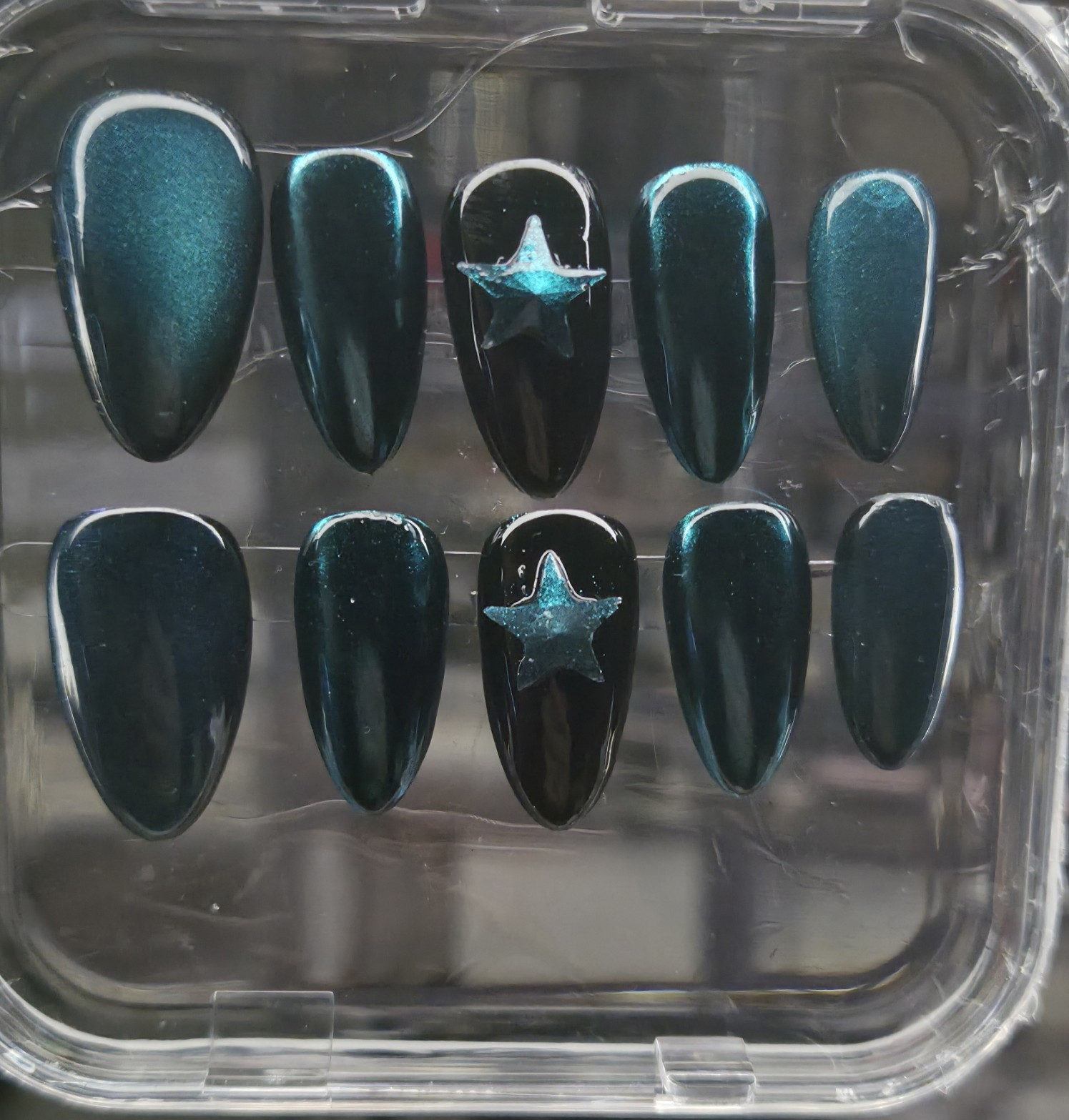 Teal Black Shimmer Star Coffin Press-On Nails Pre-Designed Full Cover Medium