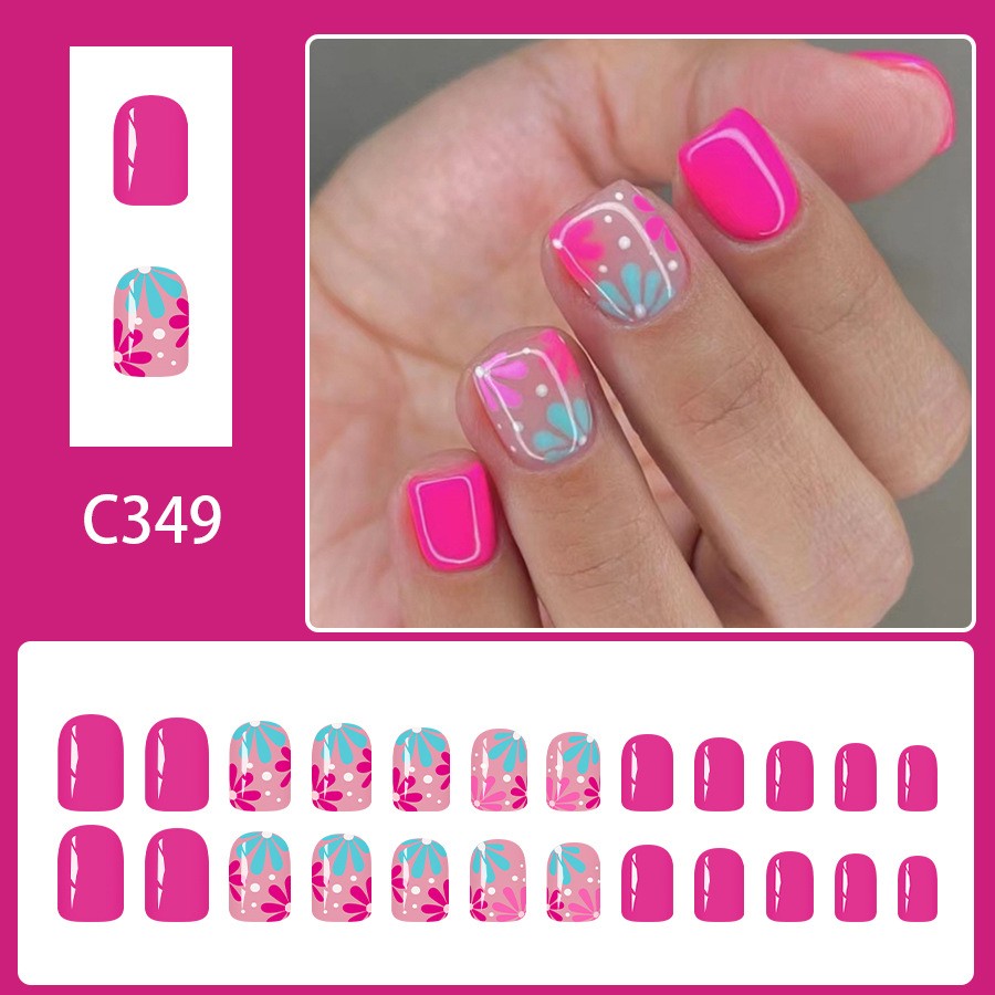 48P Short Square Press on Nails, Hot Pink Gradient Blue Floral Glossy Fake Nails