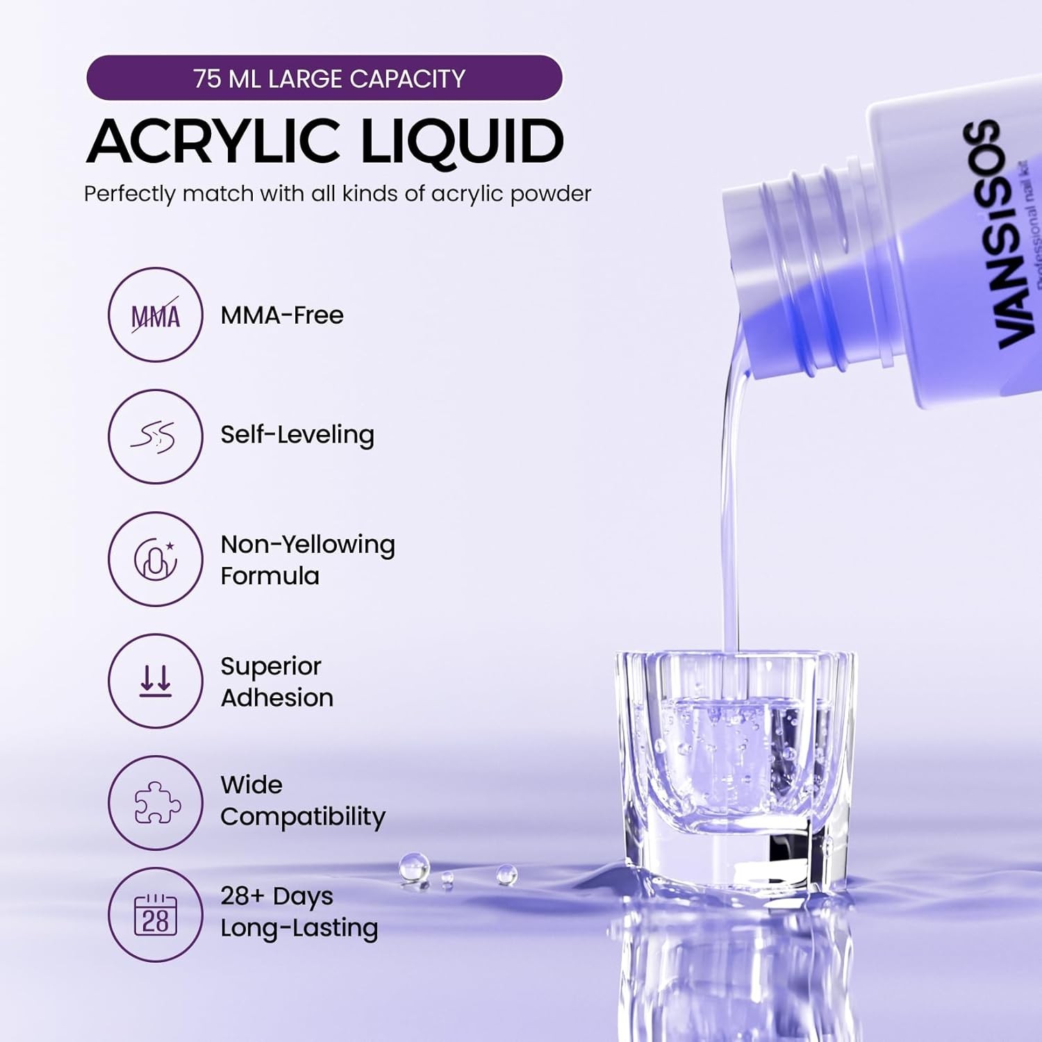 VANSISOS Acrylic Nail Kit: 30g Clear Acrylic Powder and 75ml Liquid Set with