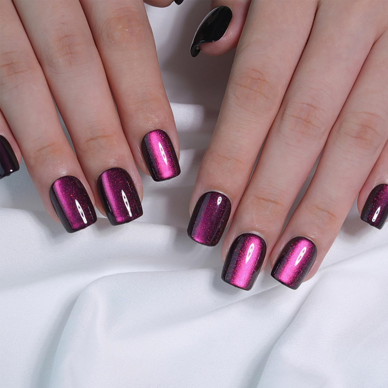 Purple Burgundy Cat Eye Press On Nails Short Square Soft Gel Fake Nails Reusa…