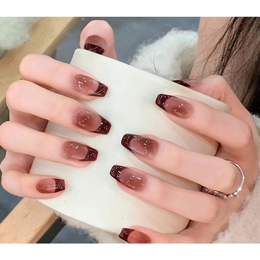 48 Pcs Wine Red Gradient Oval Press on Nails, Glossy Minimal Nude Fake Nails