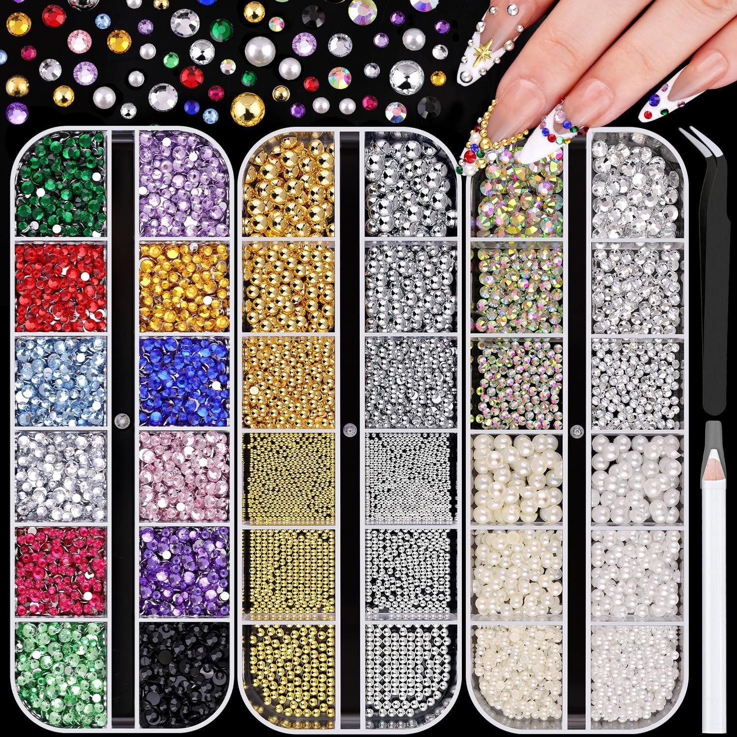 10000Pcs Colorful Nail Rhinestones and Charms for Nail Art, Flatback Nail Pearls