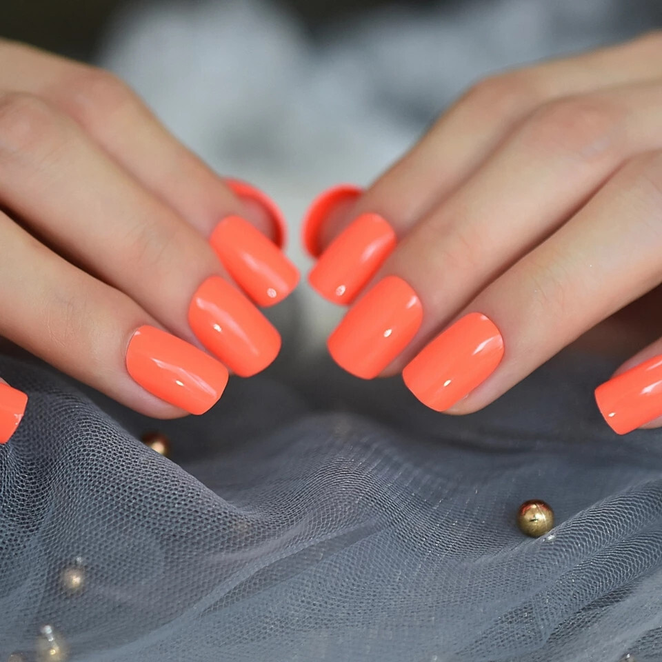 New 24 Press On Nails Kit w glue short neon orange bright