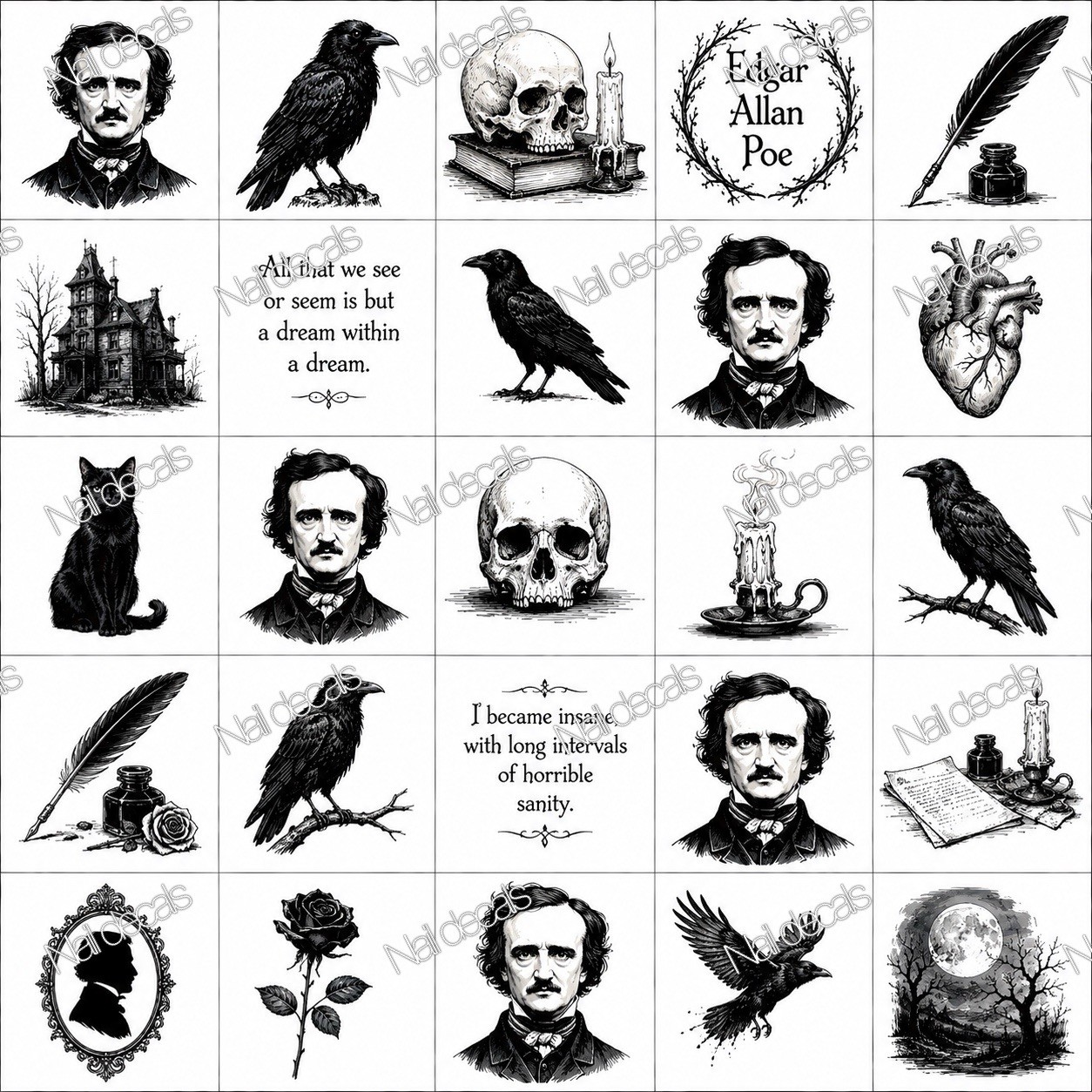 Edgar Allen Poe Finger Nail Decals Clear Waterslide Transfer Set of 50 +