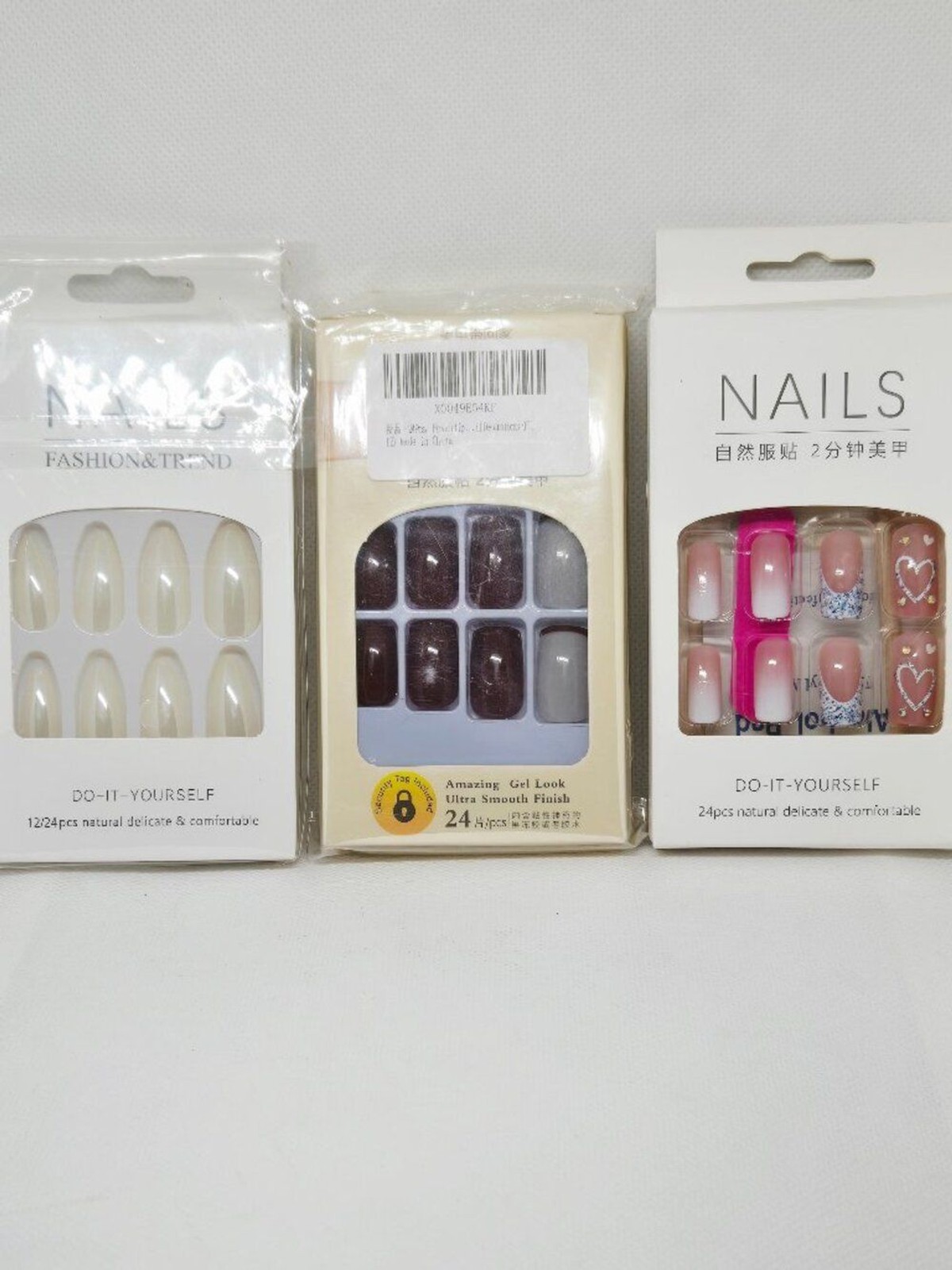3 BOXES NATURAL PRESS ON NAILS PEARL, CHOCOLATE & PINK HEART NIB 72 TOTAL