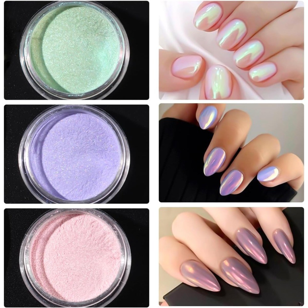 Mermaid Pearl Chrome Nail Powder Iridescent Aurora Metallic Mirror Effect