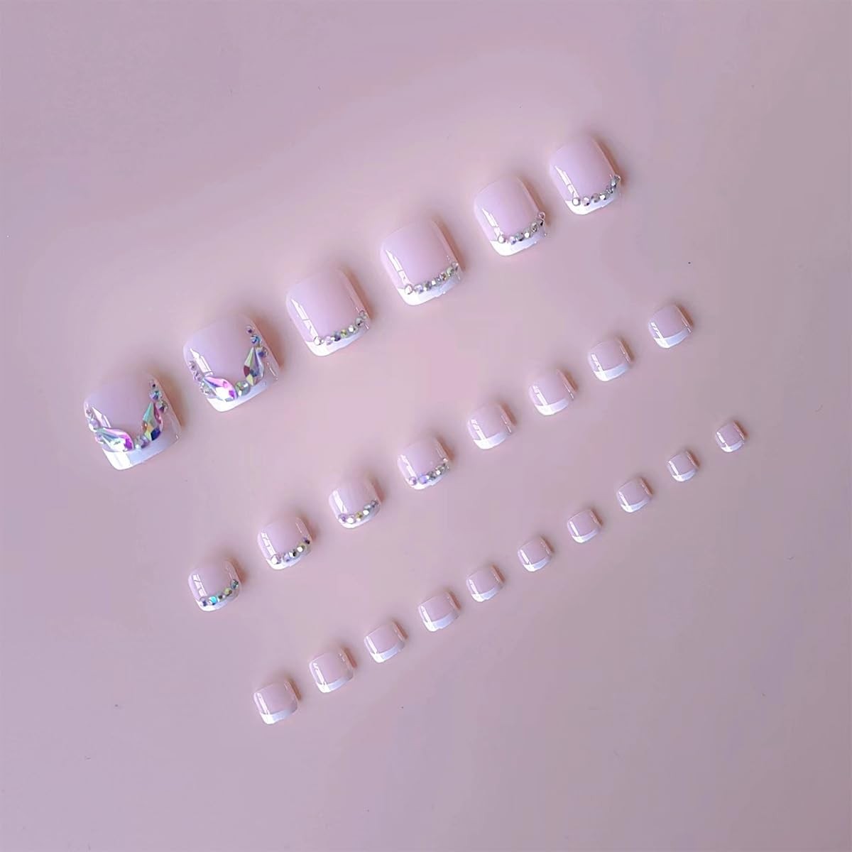 24Pcs Short Press on Toenails Square Fake Toenails with Rhinestones Design Wh…