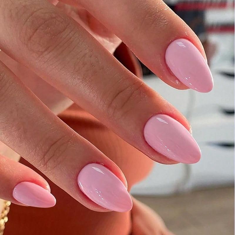 Pink Solid Color Press On Nails Short Almond Fake Nails for Women Manicure