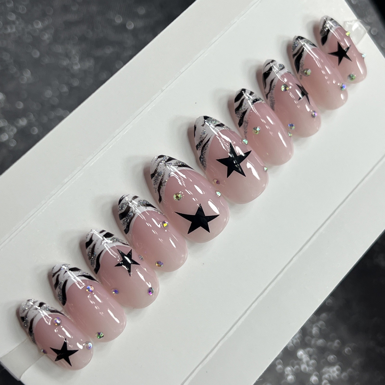 🎀 CUSTOM Hard Gel Press On False Nails French ZEBRA 10p Set Medium Almond W Kit