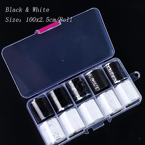 10 Rolls Black White Flower Nail Foil Transfer Sticker Kit Lace Nail Foil