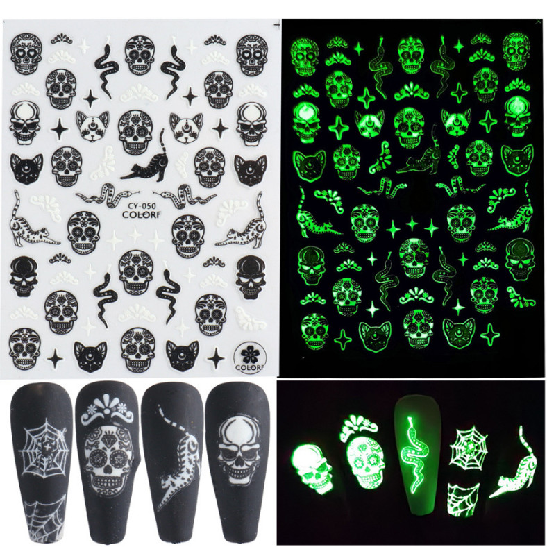 Halloween Nail Art Sticker Fluorescent Skull Spider Witch Ghost Pumpkin Bat NS43