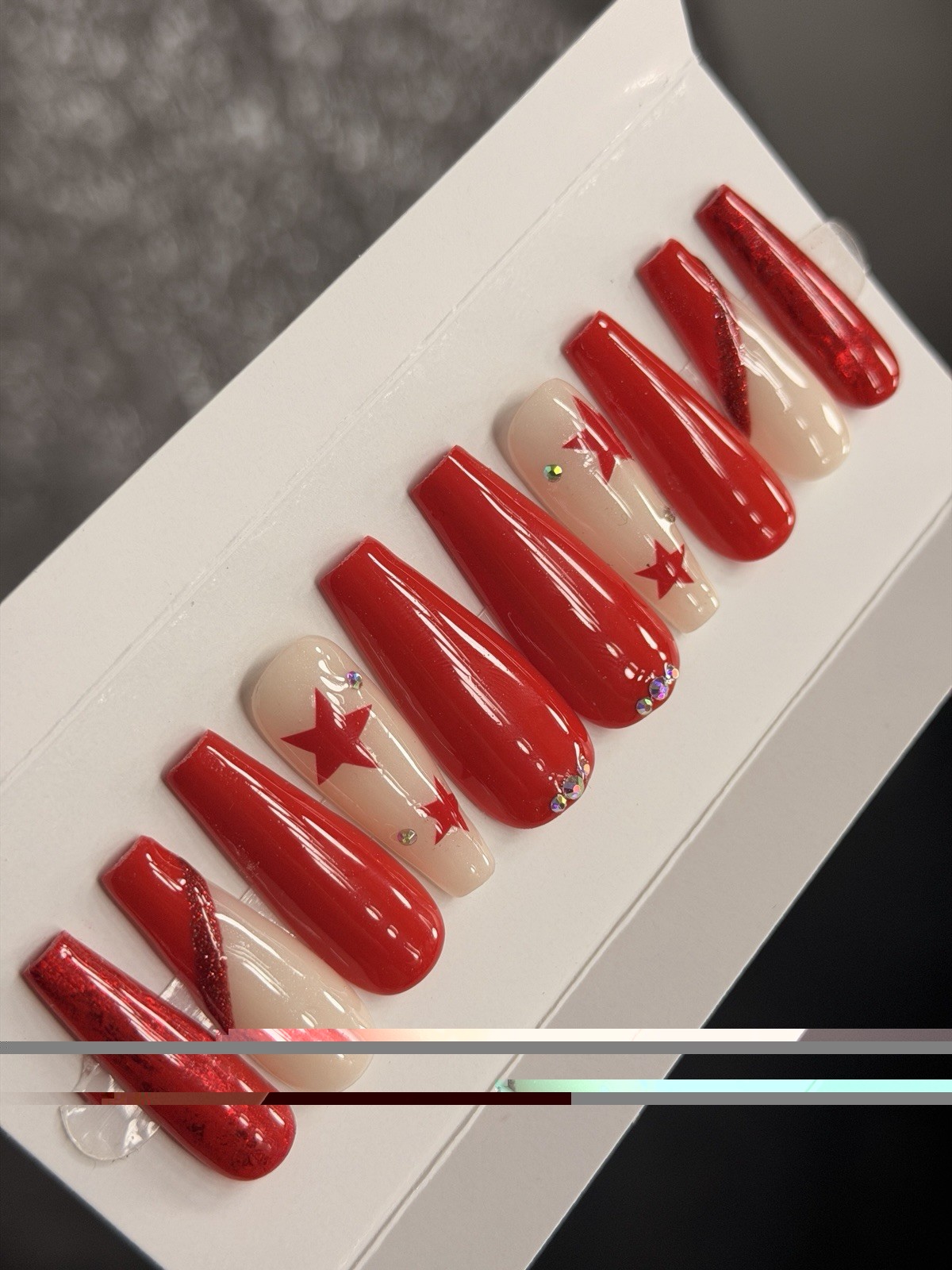 ✨ CUSTOM Press On Nails RED STAR BLING 10p SET W Kit