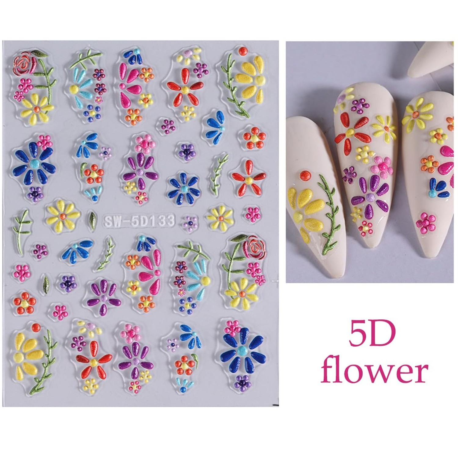 5D Embossed Flower Nail Art Stickers Self Adhesive Nail Decals Colorful Flowe…