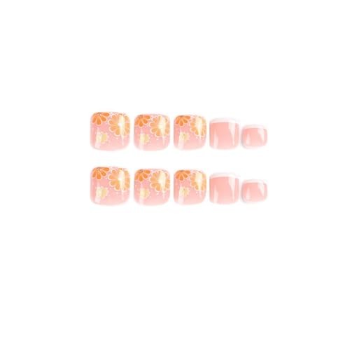 Flower Press on Toenails Square Fake Toenails White French Tip Short Style-8