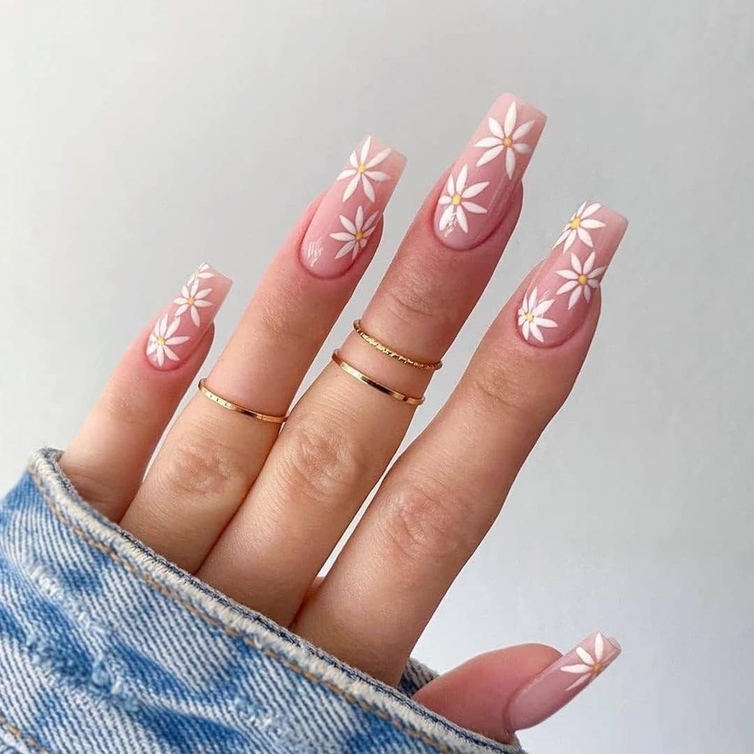 Gloss & Go 24 Reusable Artificial Fake Nail Set| Pink White Yellow Flower Design