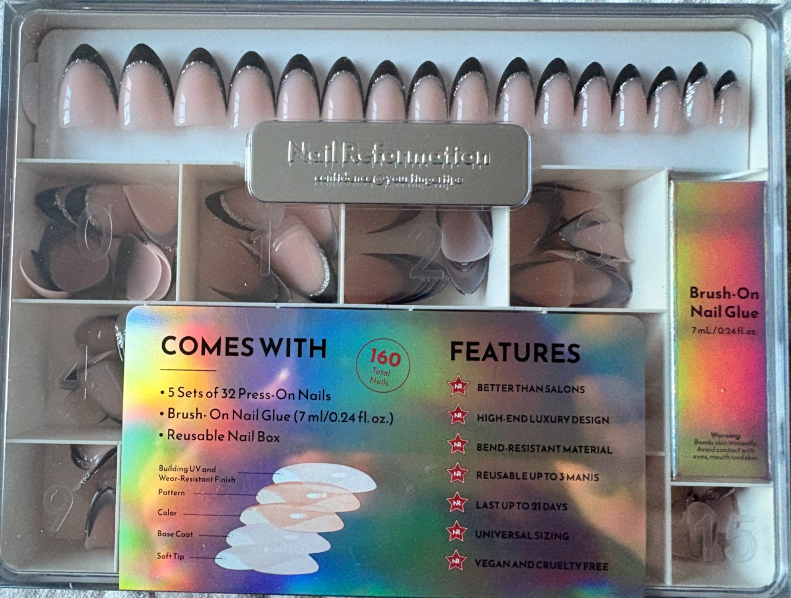 Nail Reformation Press On 160 Signature Nail Box Nude w/ Black and Silver Tips