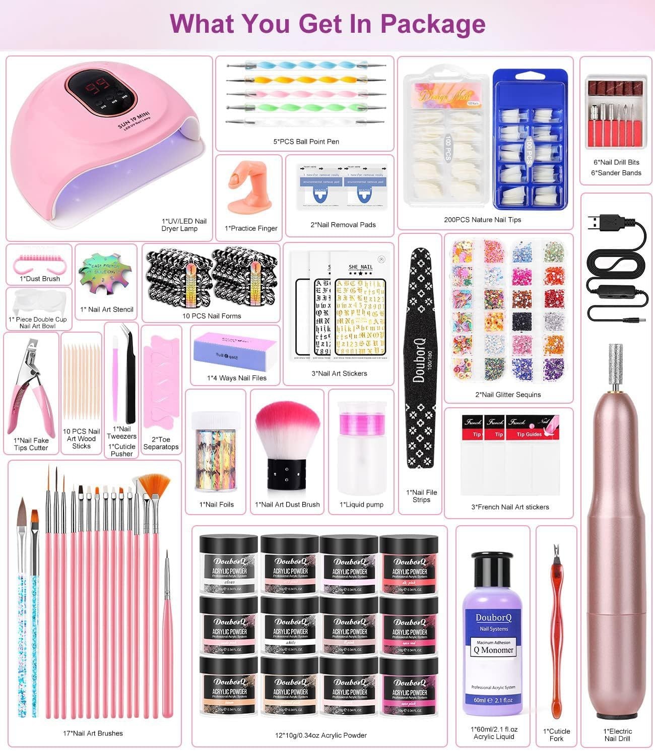 DouborQ Acrylic Nail Kit Starter Set Electric Nail Drill & Lamp Beginner Tools