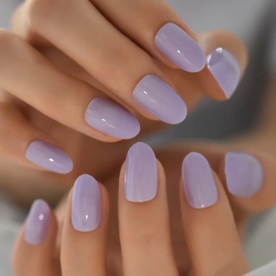 24 Short Oval Press on nails kit w Glue Light Purple Pastel Lavender Kawaii