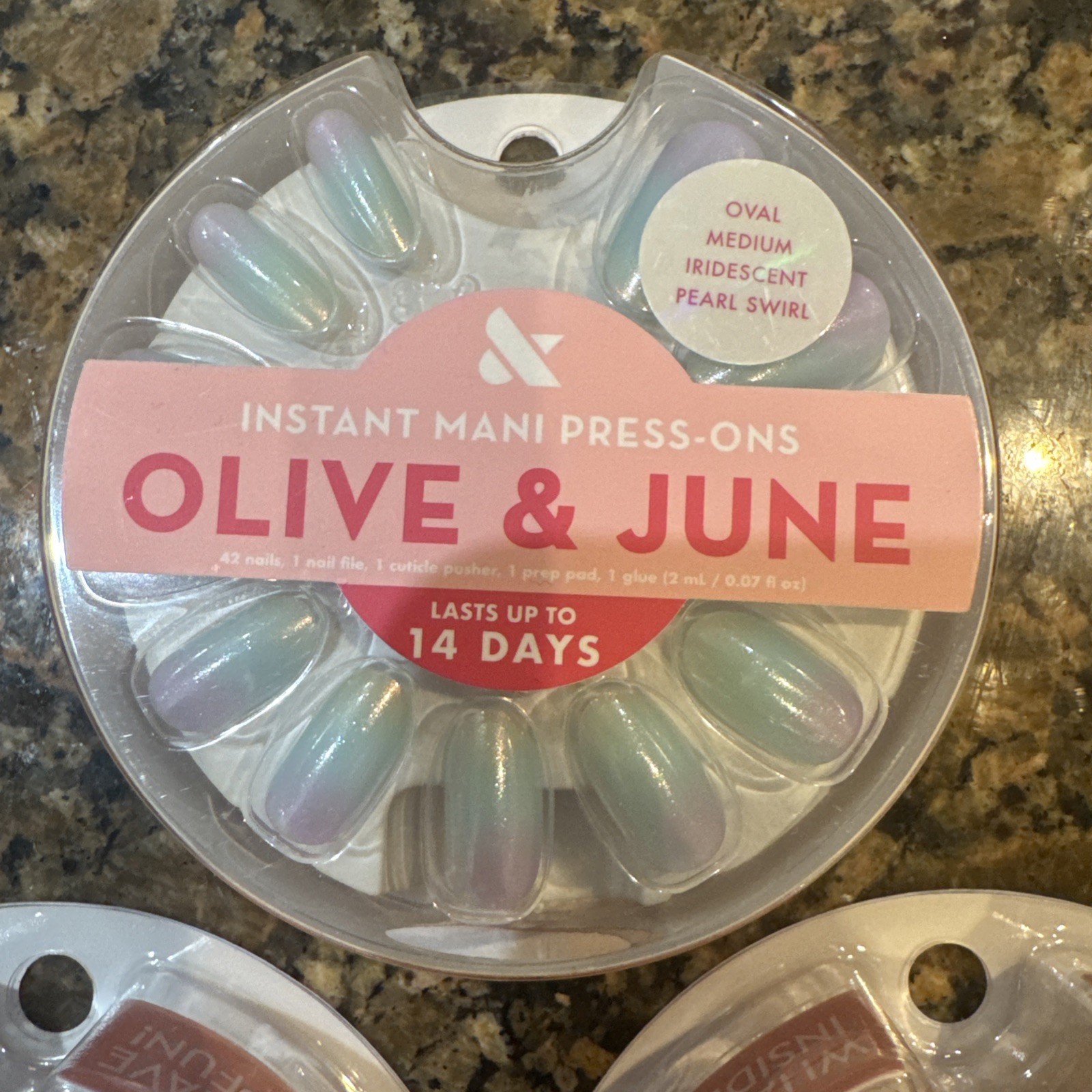 3 Lot Olive & June Press On Nails medium Iridescent Pearl Swirl Pink Goldfish
