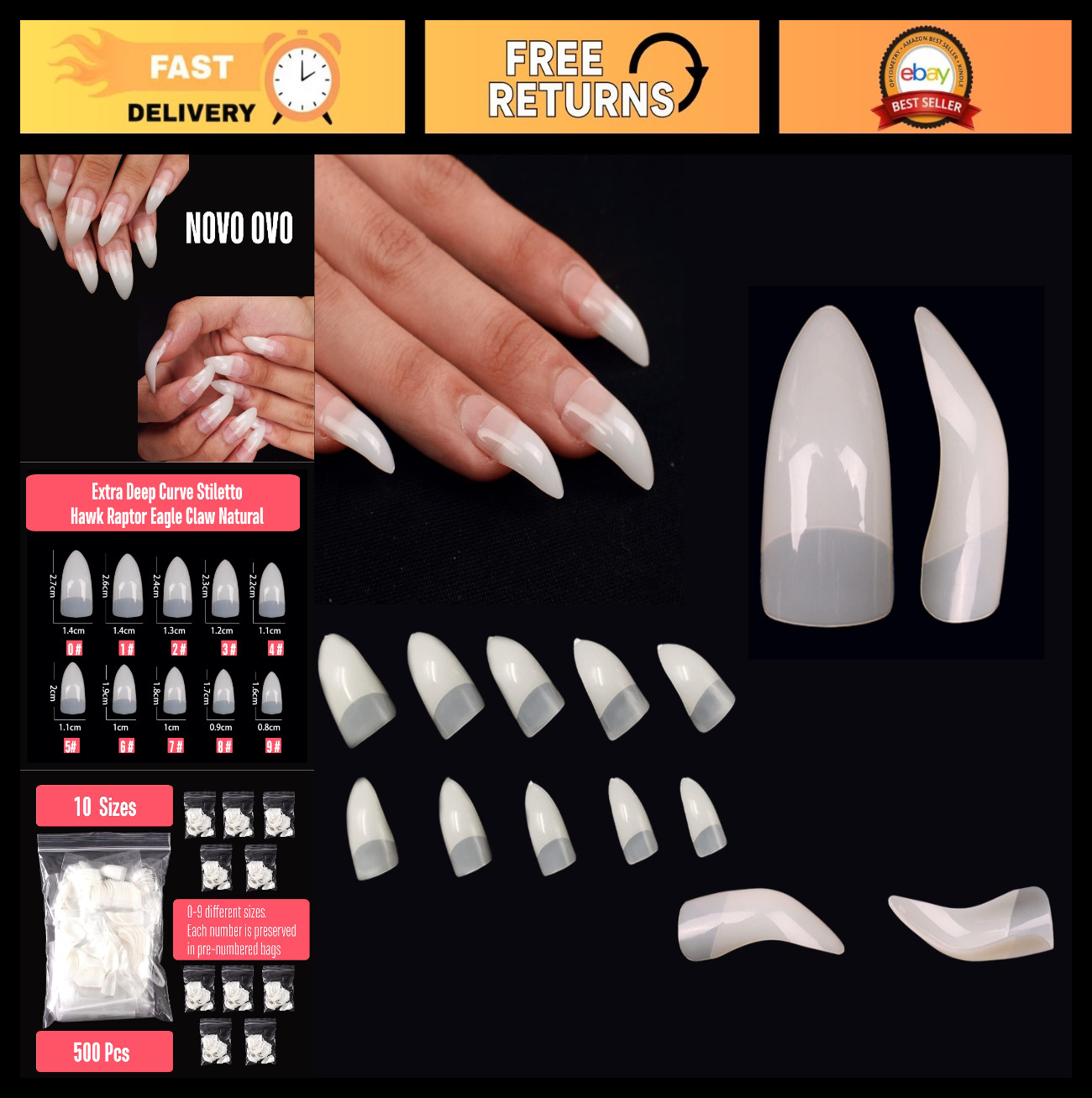 500 Pcs Halloween Stiletto False Nails – Curved Raptor Claw Tips, 10 Sizes, Acry