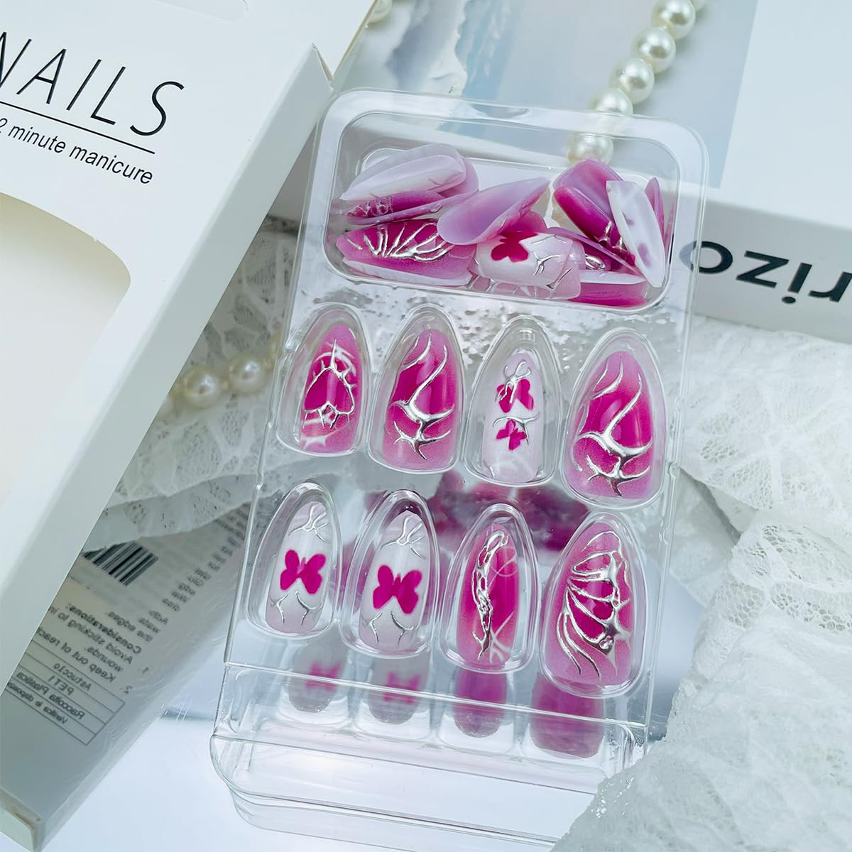 30Pcs Rose Red Y2K Press on Nails, Medium Almond Shape, Acrylic Material, Full C