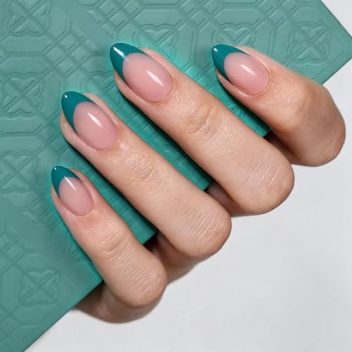 32Pcs Press On Nails Soft Gel Fake Nail – Short Almond, Teal Blue – 4-Teal Blue