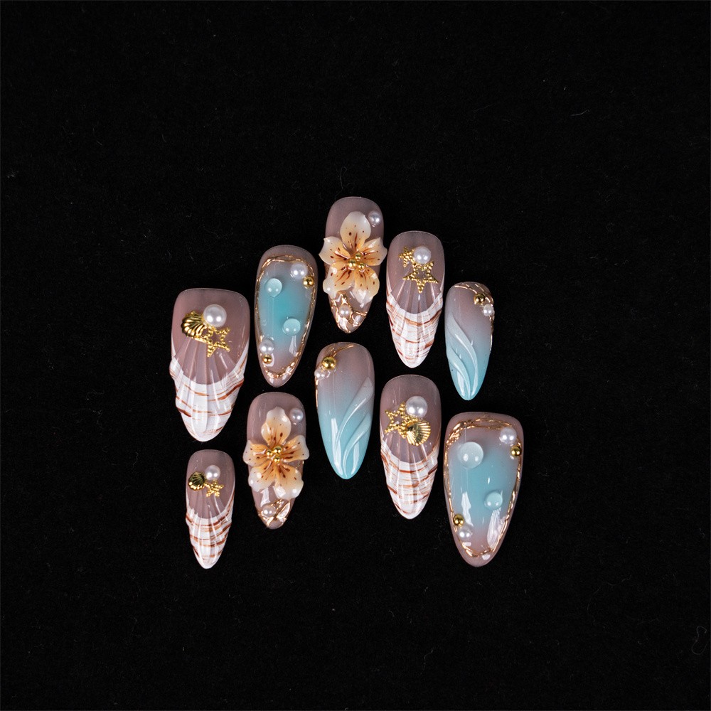 10pcs Shell Texture Almond Nails 3D Flower Pearl Gold Beach Reusable