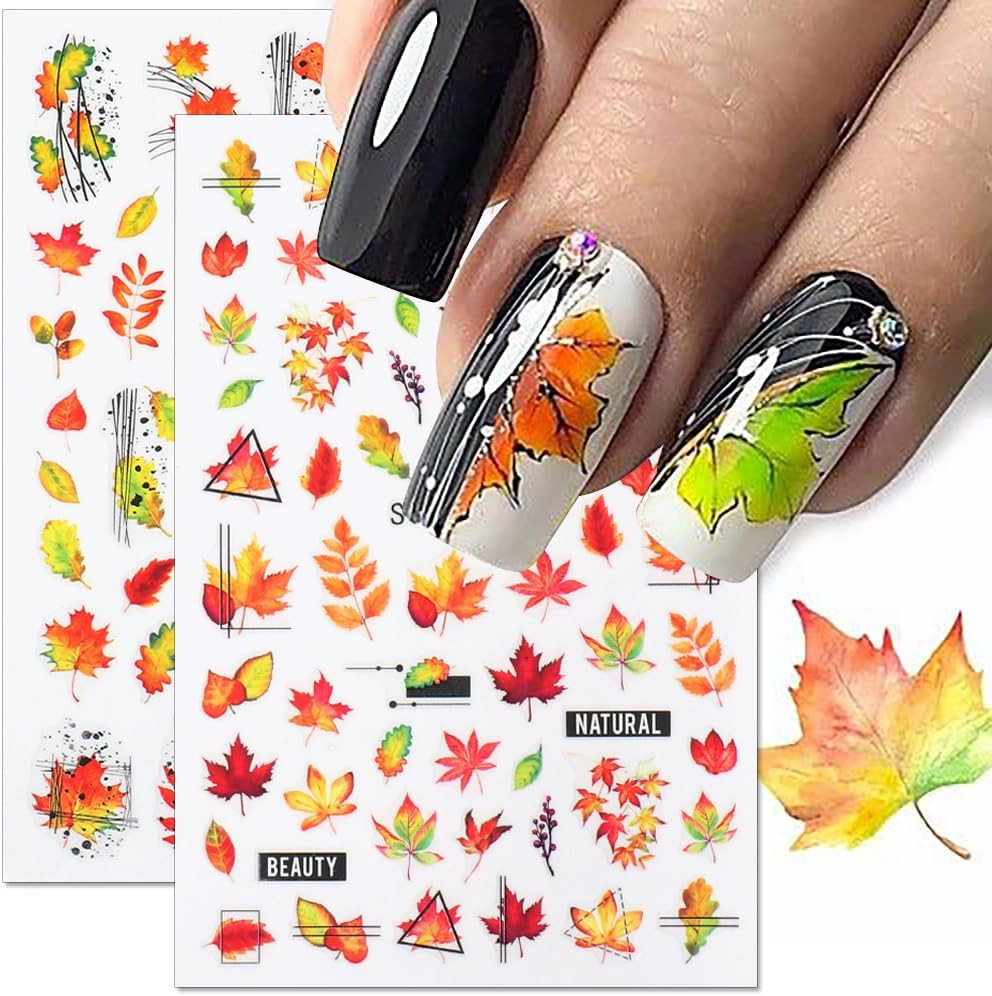 Maple Leaf Nail Art Stickers – Fall Nail Decals, Geometric Line Designs, Autumn
