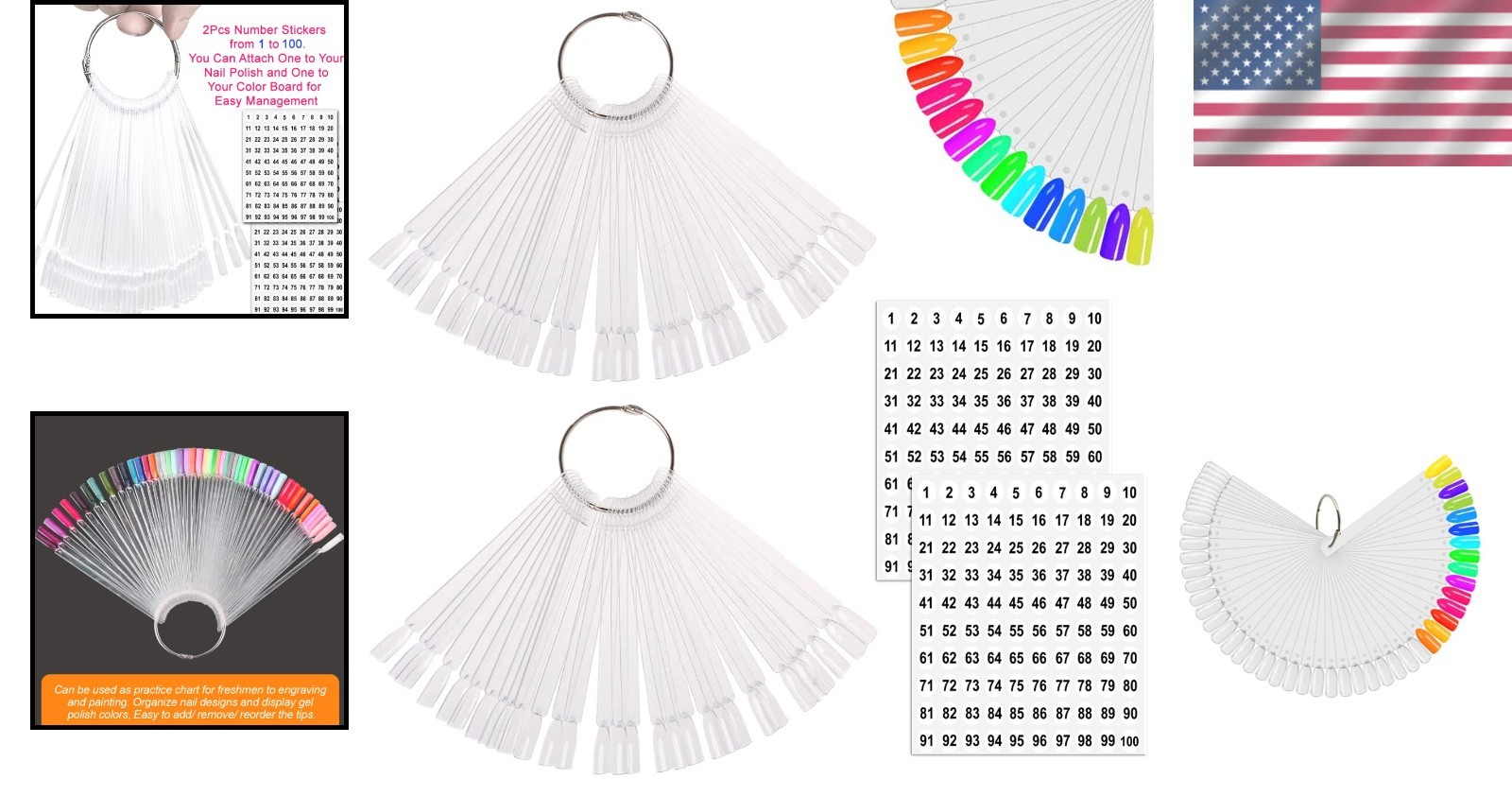 100 Pcs Transparent Fan-shaped Nail Swatch Sticks with Metal Split Ring