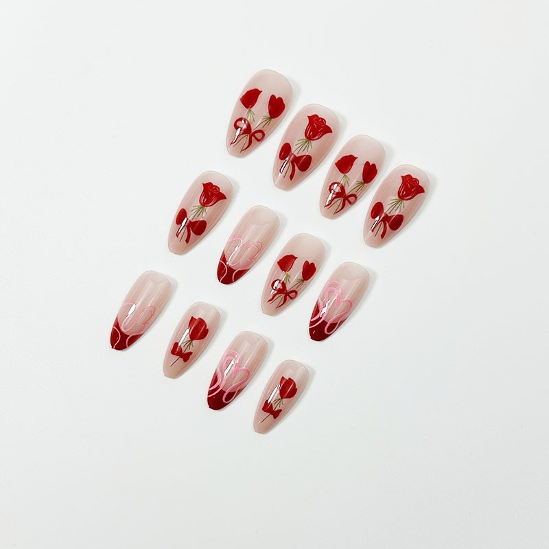 48PCS Long Almond Reusable Bare Pink Flame with Peach Heart-shaped Fake Nails