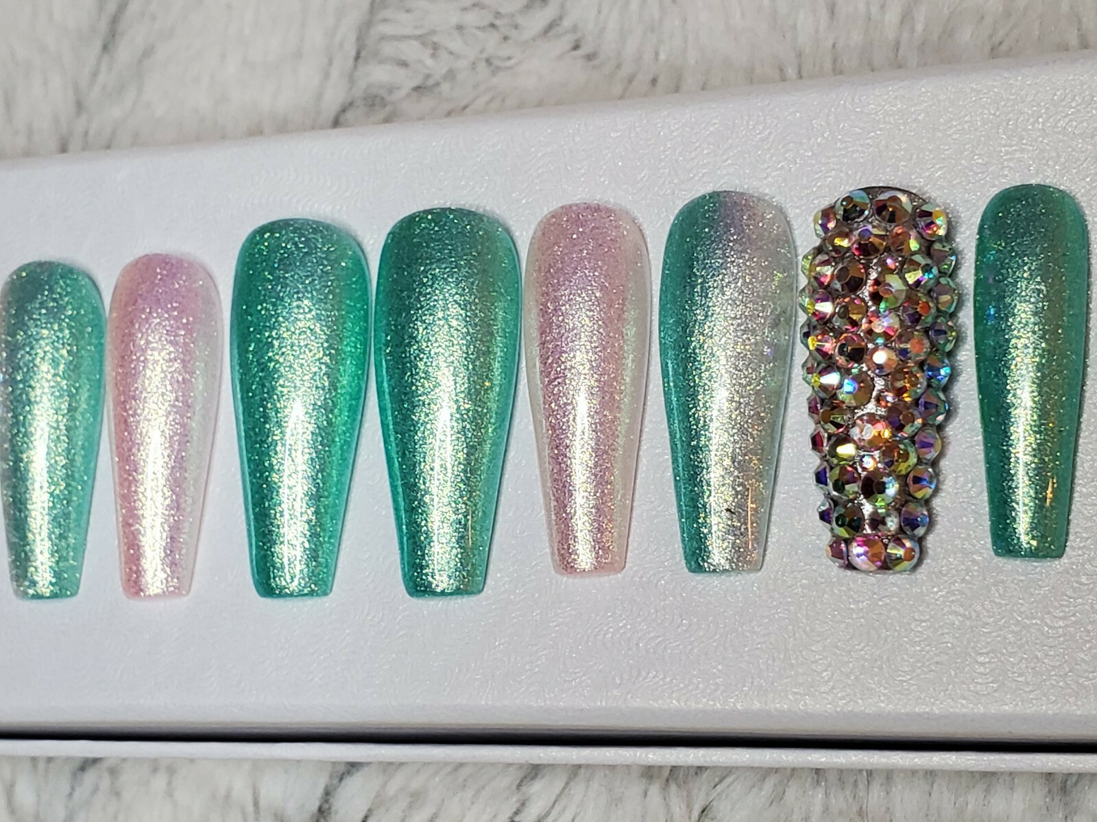 Green & white Bling glitter long ballerina diamond press on nails barbie ombre