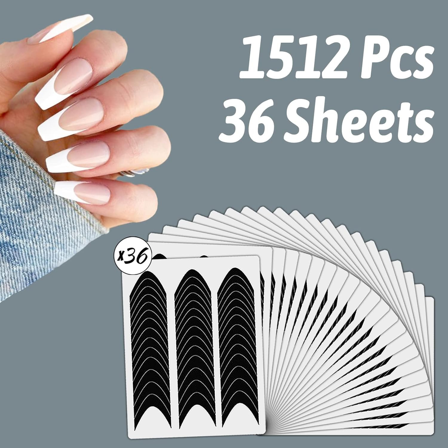 36 Sheets 1512 Pcs French Tip Nail Guides, Self-Adhesive French Smile Manicure S