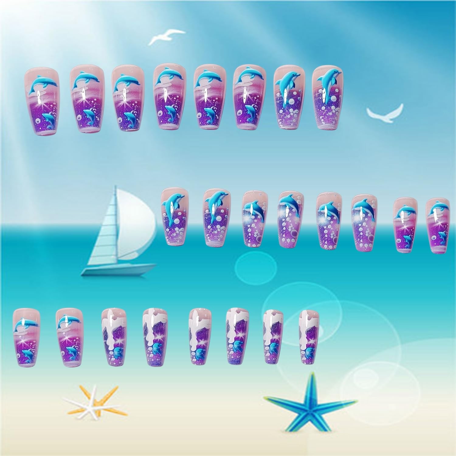 24Pcs Dolphin Press on Nails Ballet Shaped Long Length Cute Blue Dolphin Patt…