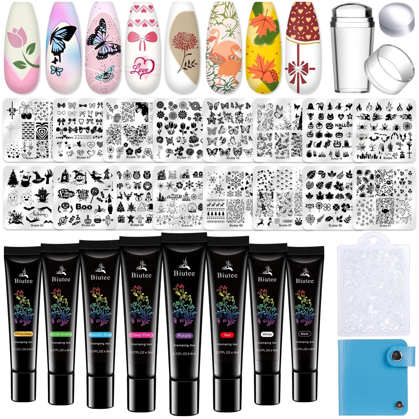 16Pcs Nail Stamping Kit with 8 Colors Polish Gel, Stamper, Scraper & Storage Bag