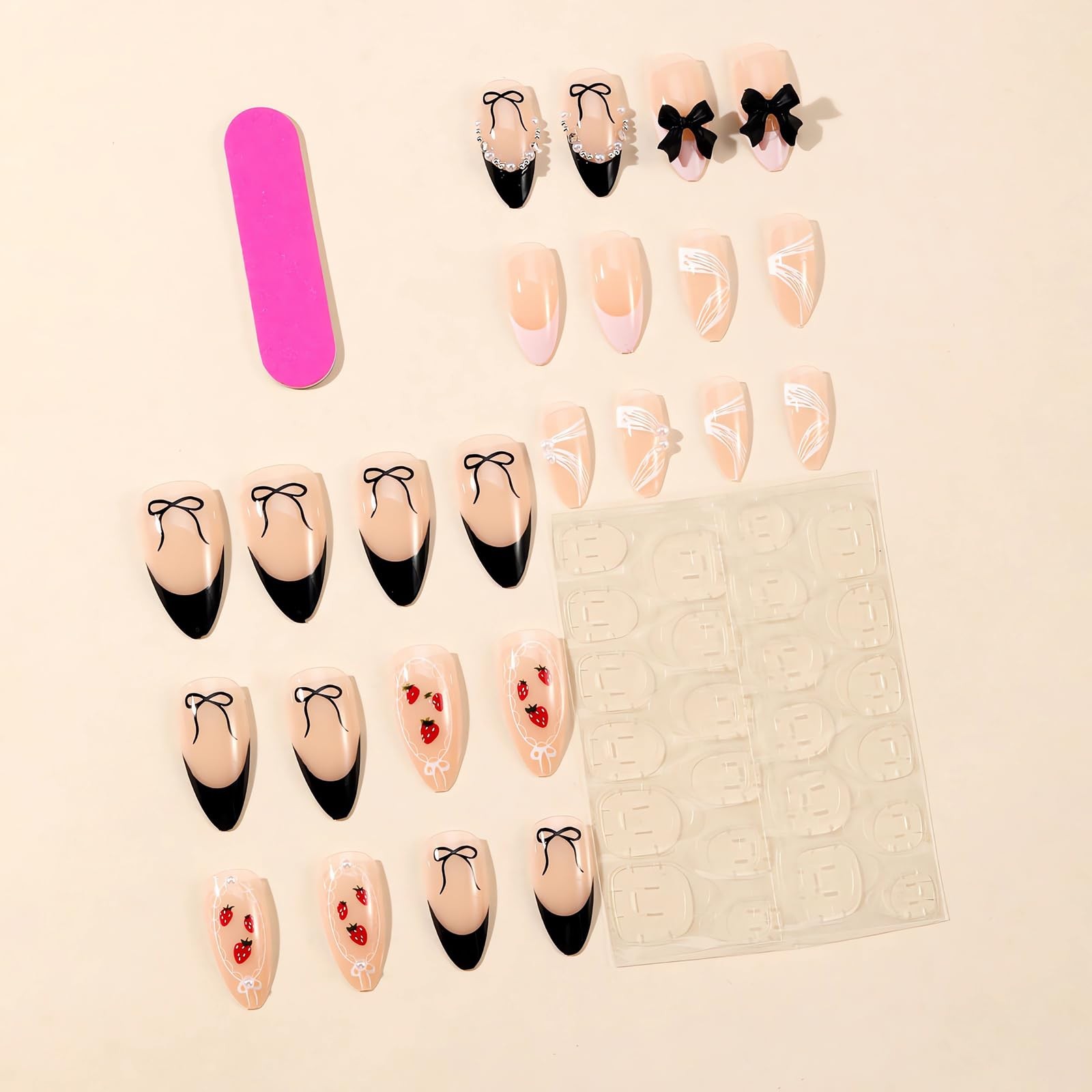 Black French Tip Press on Nails Medium Almond Shape Fake Nails Full Cover Fal…