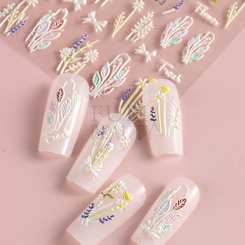 5D Nail Art Stickers 4 Sheets Pink Flowers Geometric Lines Decor Acrylic Embo…