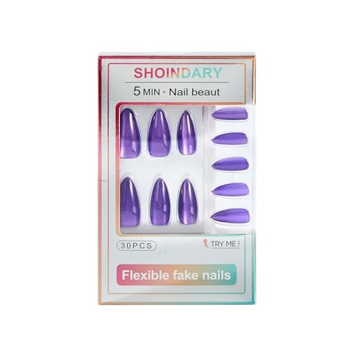 Cat Eye Press on Nails Medium, Fashion Purple Glitter Press on 321 purple
