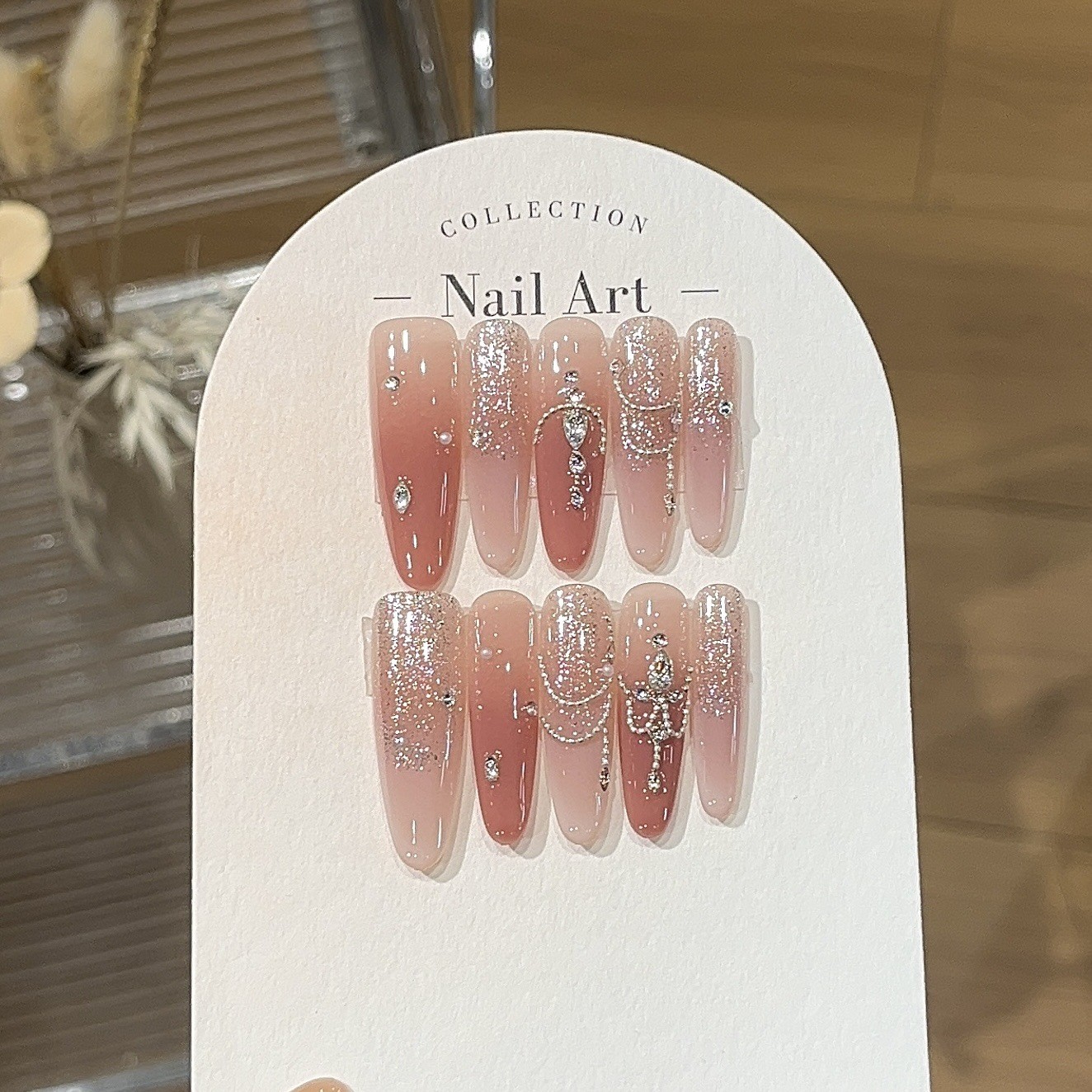 10Pcs Handmade Rose Pink Nails Silver Chain Rhinestone Sweet Dating Look