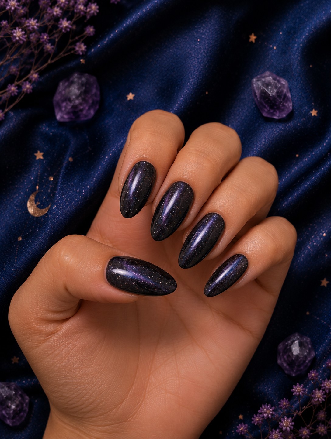 Hand-Painted Cat Eye Shimmer Press-On Nails, Medium Almond, Black Purple