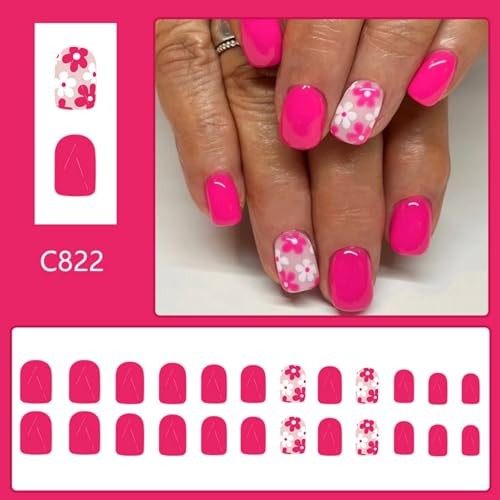 Hot Pink Press on Nails Square Fake Nails Flowers Short Hot Pink Flower Designs
