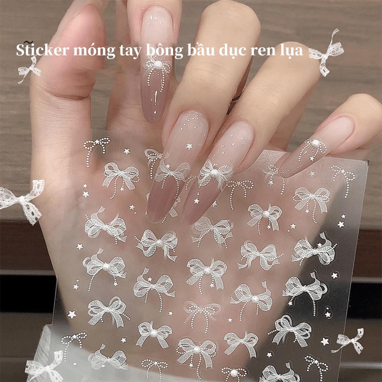 DIY Nail Art Stickers, White 5D Lace Bows with Pearls & Crystals – Self-Adhesive