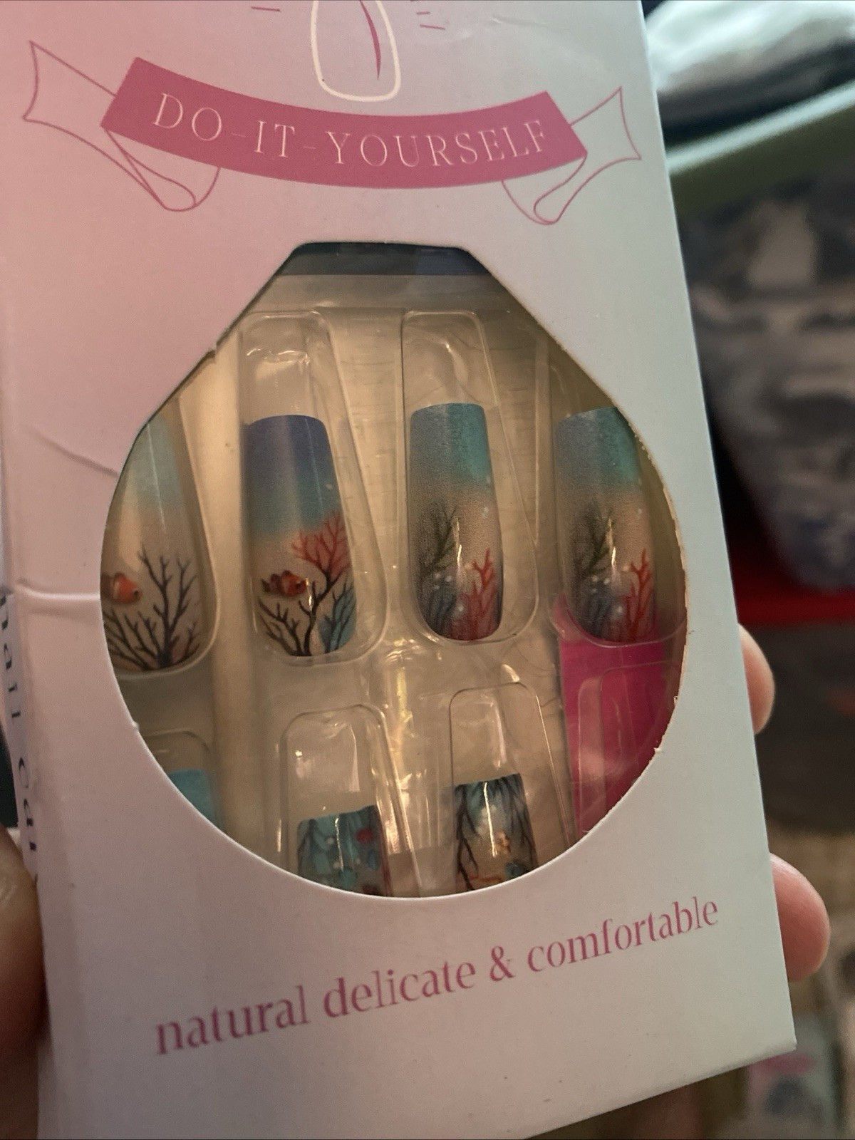 Blue Ocean Reef Glittery Nail Tips 24pcs Finished Boxed With Glue & Tabs Nails