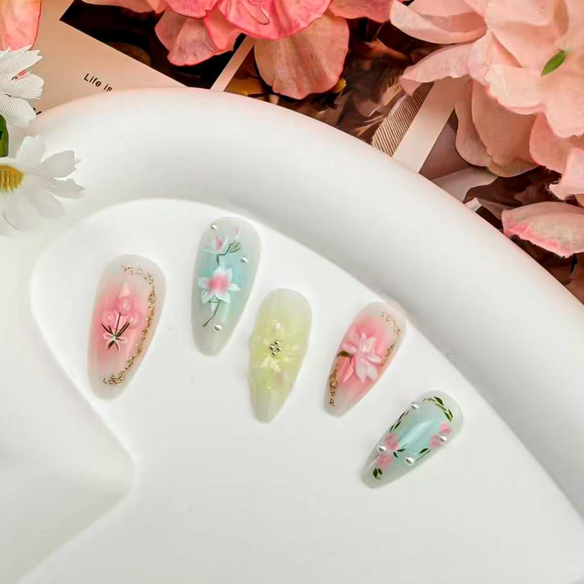 24Pcs Spring Press on Nails Medium Almond Pink Flower Leaf Fake Nails with 3D Go