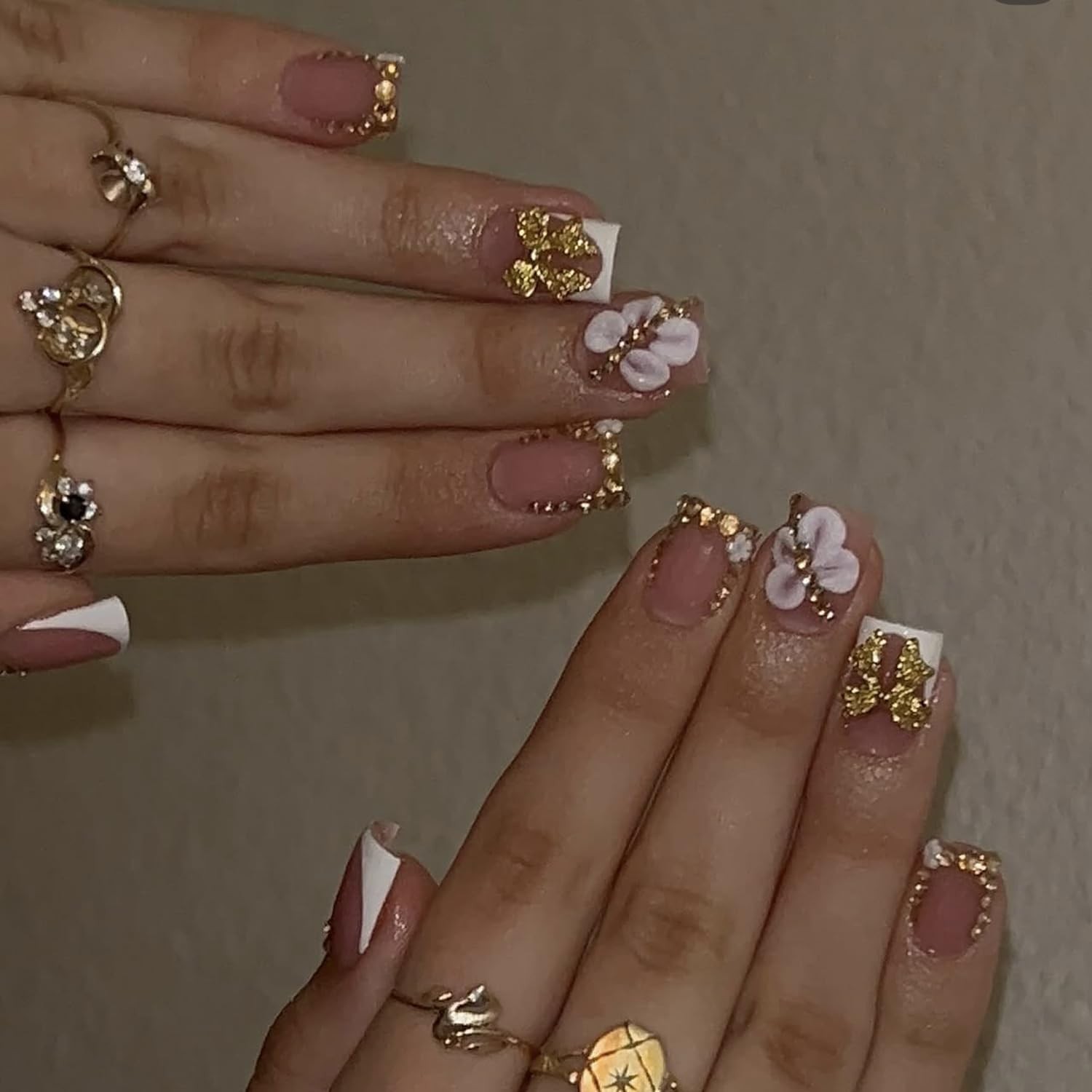 French Tip Press On Nails Short Square – Nude Pink Fake Nails with Gold Bow &…
