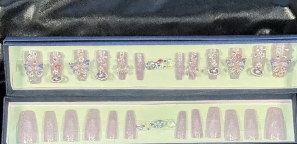 Handmade Gel Press On Nails, Purple Glitter Butterfly Includes Free Gifts❣️